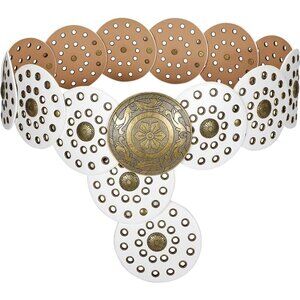Women Boho Disc Belt Wide Western Leather Belt Vintage Concho Waist Belts White